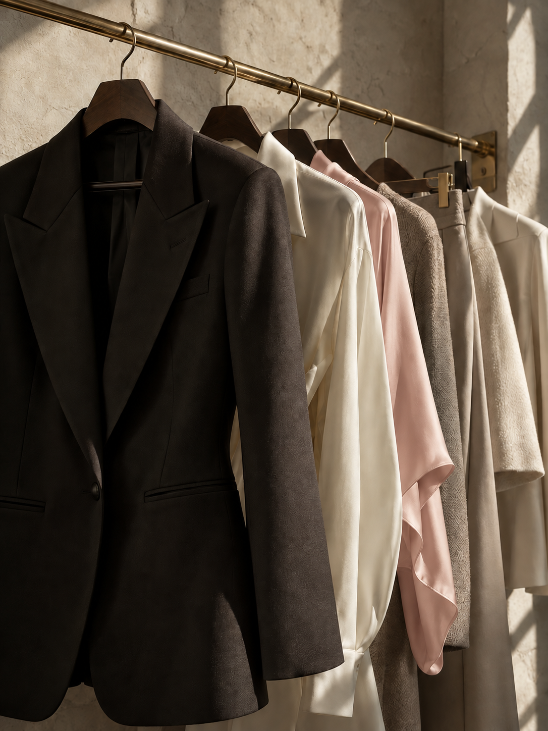 An intentionally edited wardrobe of tailored charcoal, ivory silk, soft taupe, and a touch of blush.